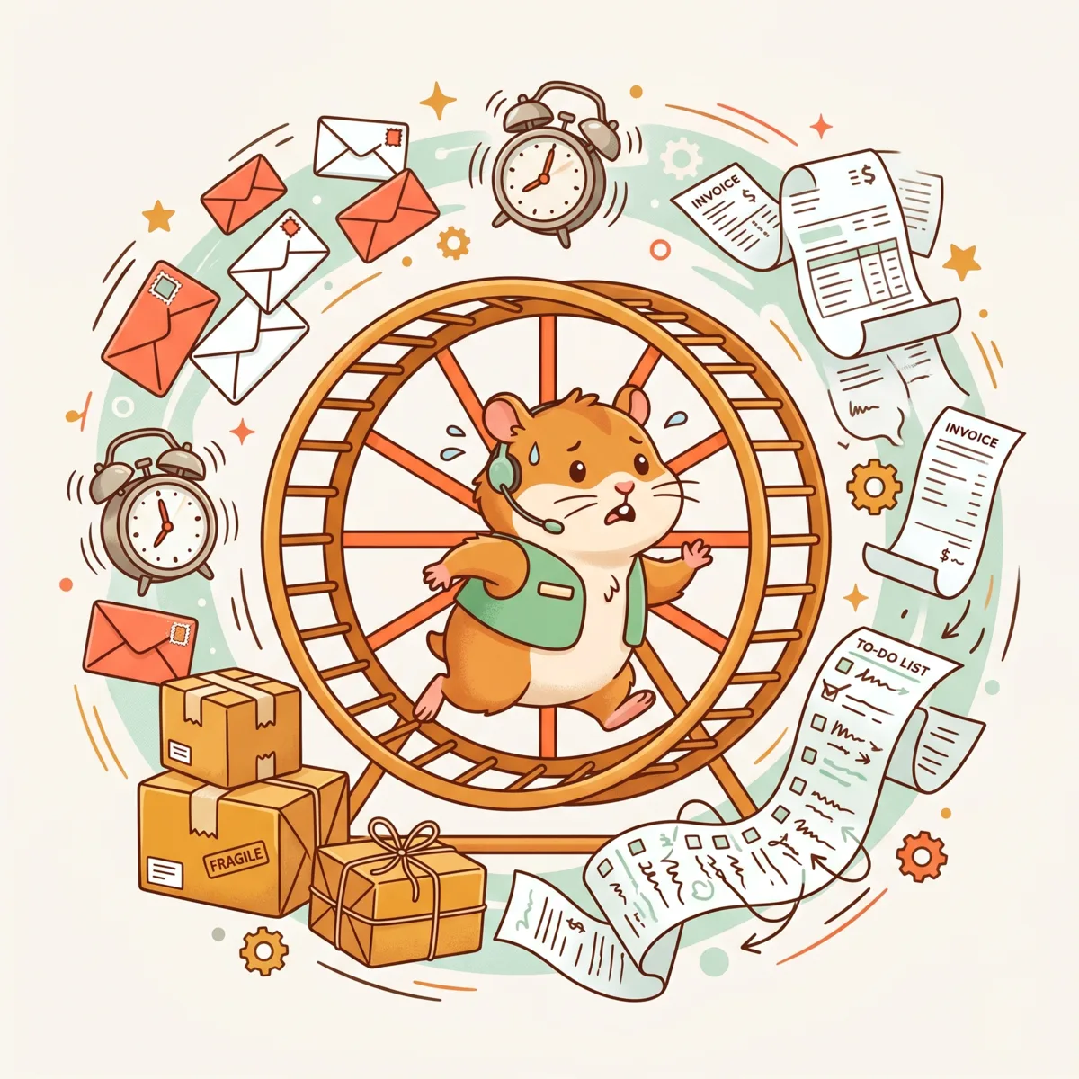 Ilustración de un hámster agobiado corriendo en una rueda rodeado de emails, paquetes, facturas y un reloj