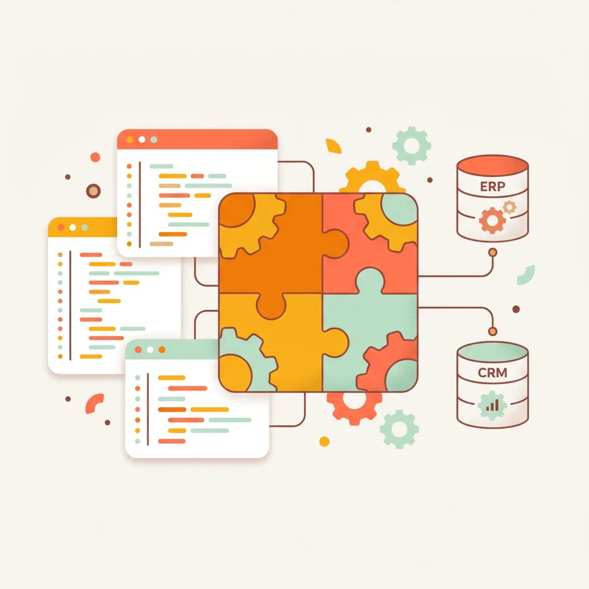 Ilustración de ventanas de código y un módulo a medida conectándose con sistemas ERP y CRM