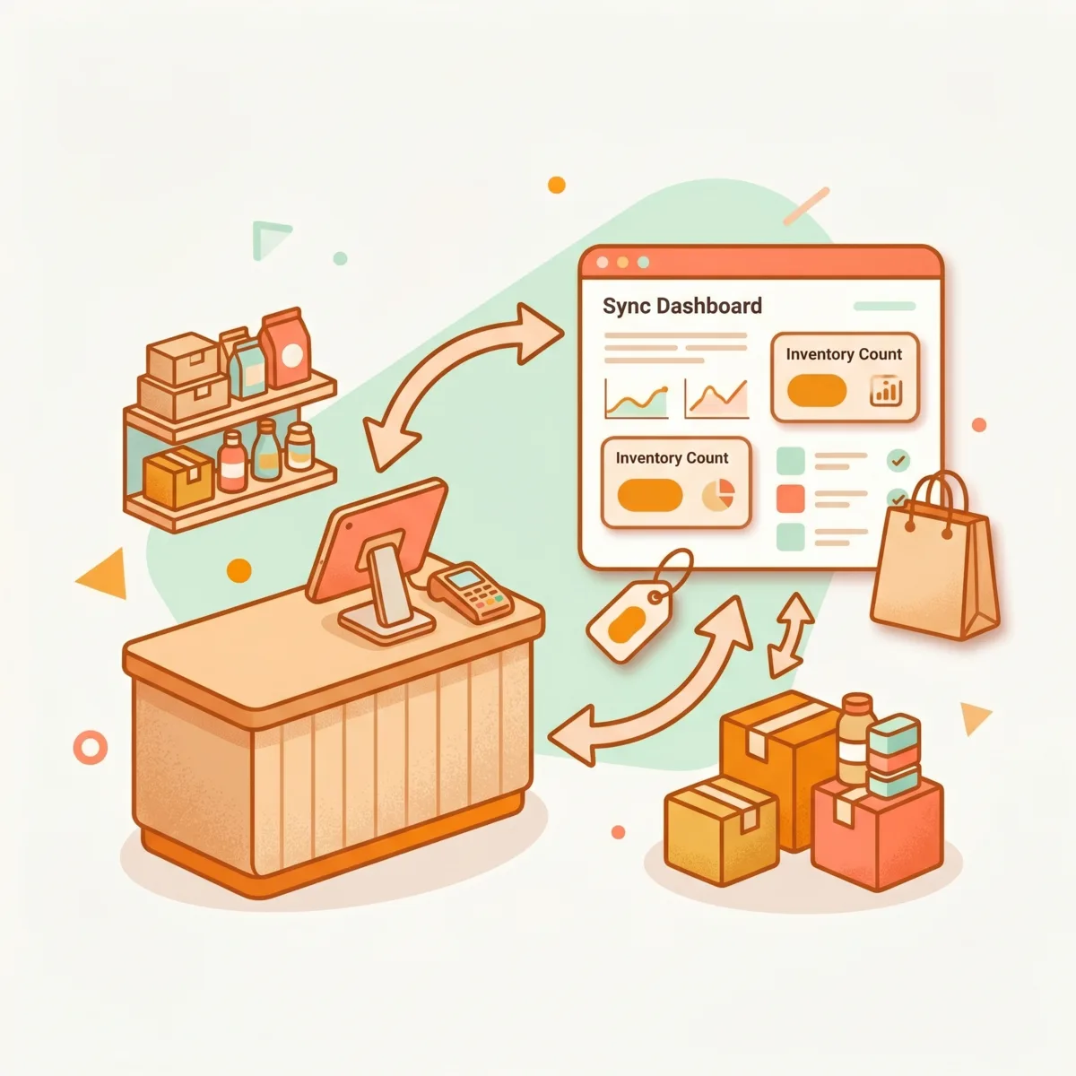 Ilustración de un mostrador con TPV sincronizando stock con el panel de la tienda online